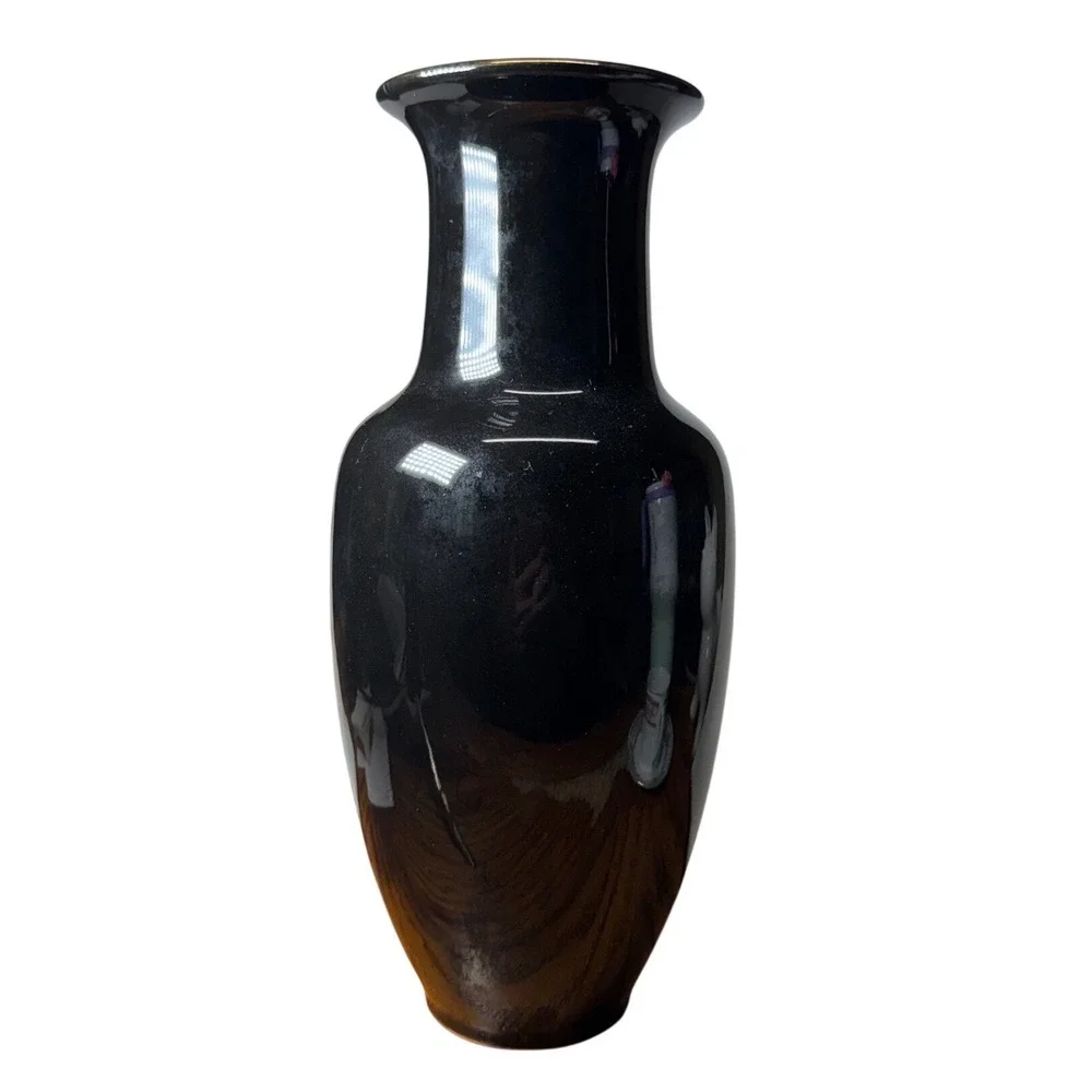 Vintage Japanese Black Porcelain Peacock Vase Ginger Jar Tea Cup Set 7pc Japan